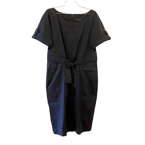 Donna Karan Womens Poplin Sheath Dress Black Tie Waist Short Sleeve Large - Picture 1 of 10